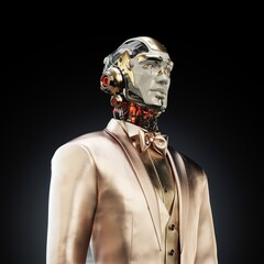 Futuristic humanoid robot dressed in an elegant metallic tuxedo with intricate details showcasing technology against a dark background, symbolizing the blend of fashion and innovation