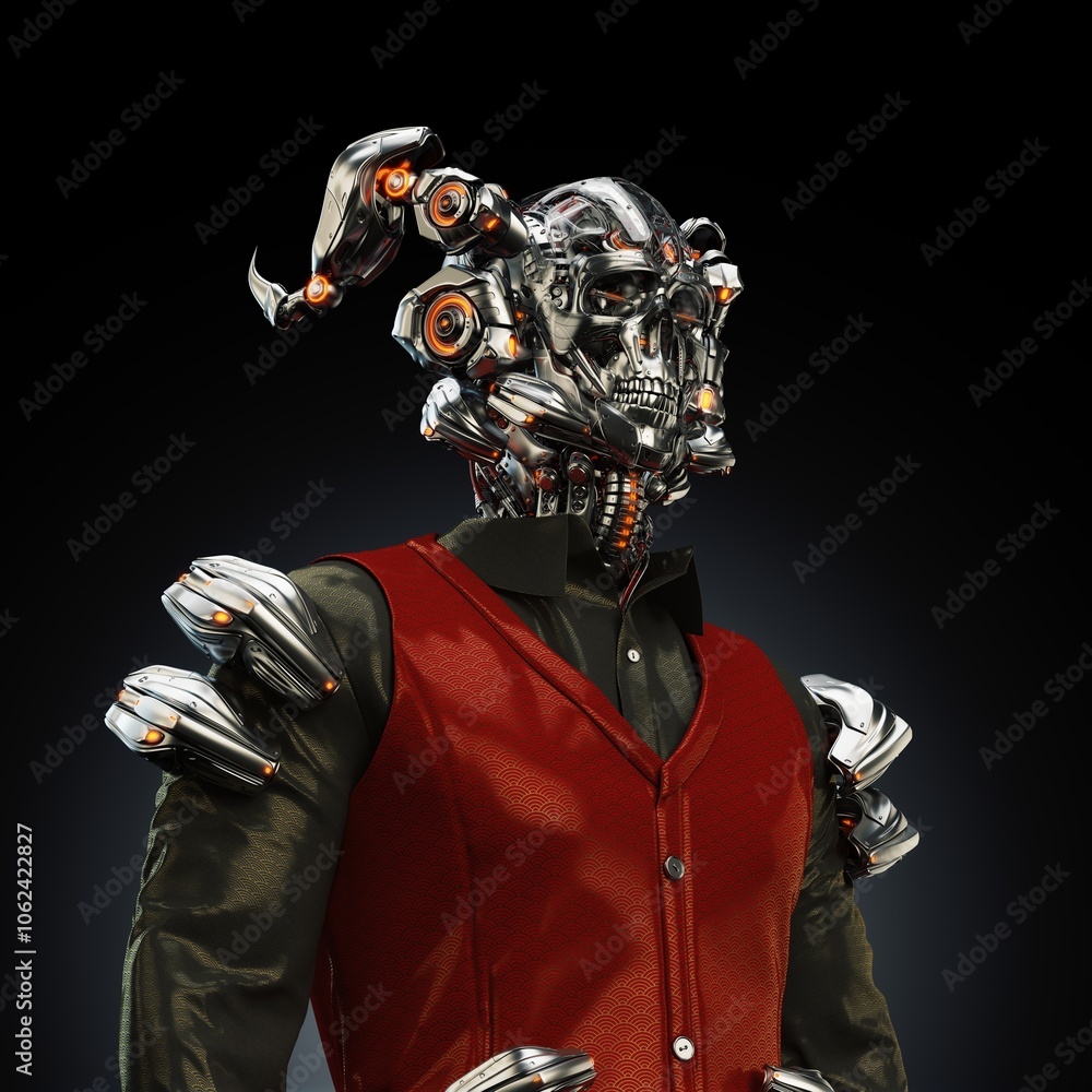 Poster futuristic humanoid robot with intricate metallic design and glowing elements wearing stylish red ve
