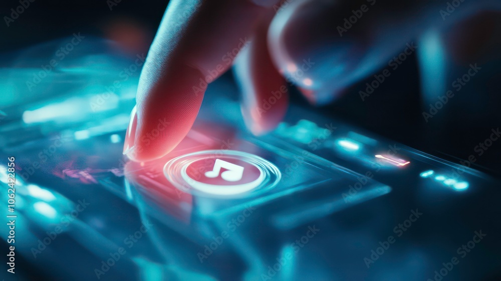 Poster a finger interacts with a touchscreen music player interface.