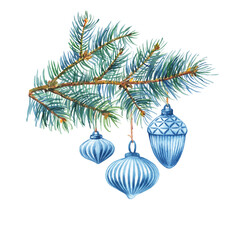 Holidays Christmas, Happy New Year banner with Christmas tree decorations - icicle, balls in blue retro style. Watercolor hand drawn illustration on white background.
