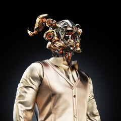 Futuristic robotic character with mechanical structure and detailed design wearing a sleek golden outfit against a dark background, showcasing technology and creative innovation in sci-fi illustration