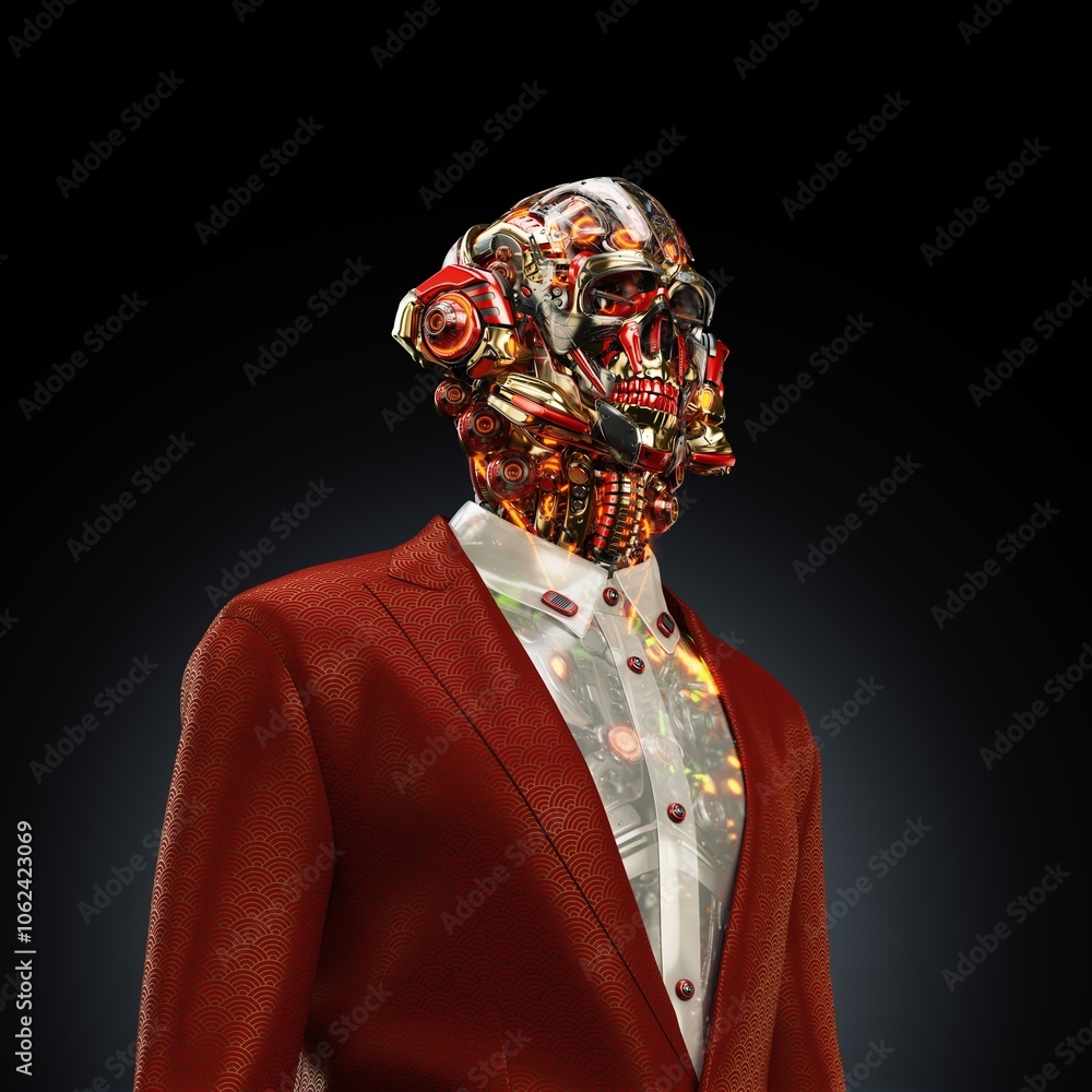 Poster futuristic robot with intricate circuitry and glowing components wearing an elegant red suit, symbol