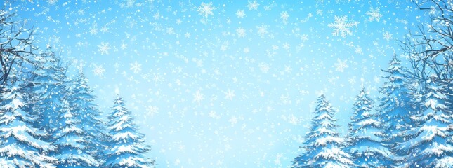 Winter christmas nature background frame in blue. Snow-covered fir branches, drifted snow, snowfall in forest. Close-up.