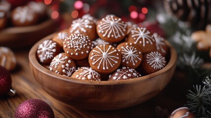 Fototapeta premium A bowl of gingerbread cookies decorated with white icing in the shape of snowflakes, surrounded by Christmas ornaments and fir branches.