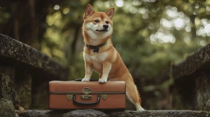A small dog is sitting on a suitcase