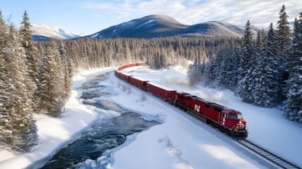 Obraz premium A freight train adorned with colorful containers moves through a snow-covered forest along a frozen lake in British Columbia's winter beauty