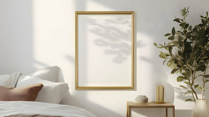 A gold-framed vertical mirror on a bright white wall with leafy shadows reflecting sunlight, creating a natural and fresh ambiance.