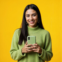 Young smiling brunette latin woman wear casual cozy green knitted sweater hold in hand use mobile cell phone in mint case isolated on plain yellow background studio portrait People lifestyle concept