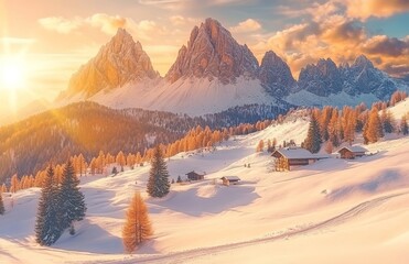 A panoramic view of the Odle-Geisler mountain group, Seceda and Seiser Alm (Alpe di Siusi). A beautiful morning autumn scene in the Dolomite Alps.