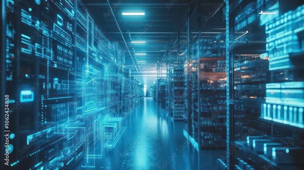 Poster a futuristic data center with illuminated servers and digital interfaces.