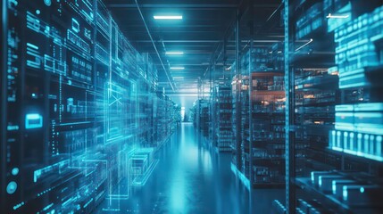 A futuristic data center with illuminated servers and digital interfaces.