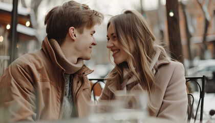 Naklejka premium Lovely young couple enjoying time together in outdoor cafe. Romantic date