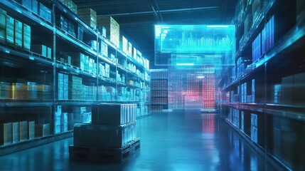A futuristic warehouse with shelves of products and digital overlays.