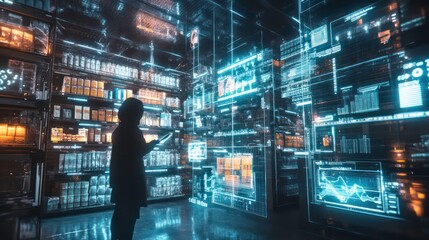 A person interacts with digital data in a futuristic data storage environment.