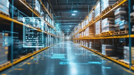 A modern warehouse with shelves filled with pallets and digital overlays for inventory tracking.