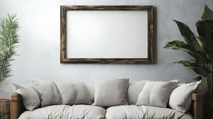 A rectangular rustic wooden-framed mirror mounted on a white wall above a white sofa with beige cushions in a cozy room.