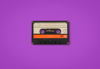 Fototapeta premium Vintage old audio cassette with magnetic tape twisted out. Retro music