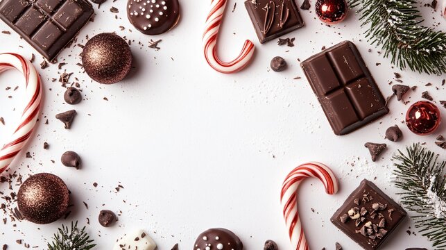 Candy cane and chocolate piece frame, isolated on a soft white background with small festive accents