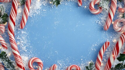 Christmas candy cane frame with red and white swirls, isolated on a snowy blue background with twinkling lights and holly leaves, center copy space