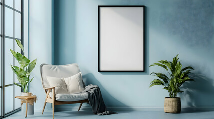A vertical black-framed mirror on a light blue wall above a beige sofa with soft cushions and greenery.