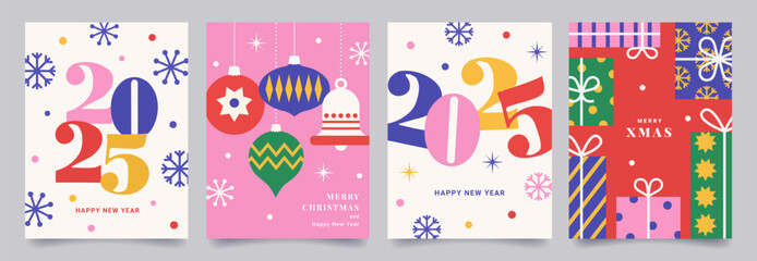 Merry Christmas and Happy New Year greeting cards set. Trendy modern design with typography, gifts, snowflakes, stars and Christmas toys. Vector templates for poster, banner, holiday cover.