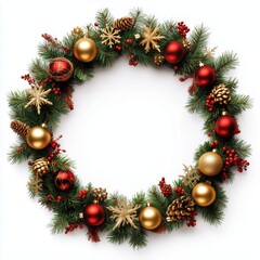 Christmas garland with red and gold baubles, berries, and pinecones on a white background.