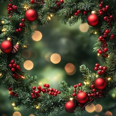 Fototapeta premium Christmas garland with red and gold baubles, berries, and pinecones on a white background.