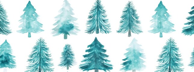 Fototapeta premium The Christmas print with winter forest includes a seamless watercolor border and a frame with blue spruce and fir trees.