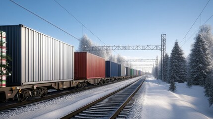 Obraz premium A freight train transports Christmas containers along tracks surrounded by pine trees in a winter landscape with foggy conditions.