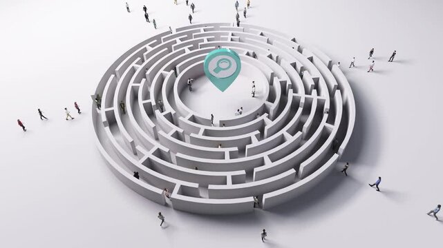 People entering to round labyrinth with loupe navigation symbol in the center. Maze perspective view and people searching for solution, information, aim the goal, success.