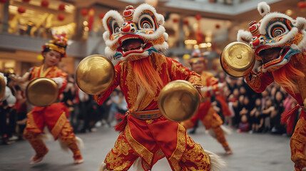 Exciting lion dancers engage in a captivating battle, showcasing their skills and vibrant costumes,...