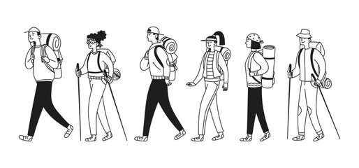 Set of people walking, hiking. Men and women with hiking gear. Vector simple doodle illustration
