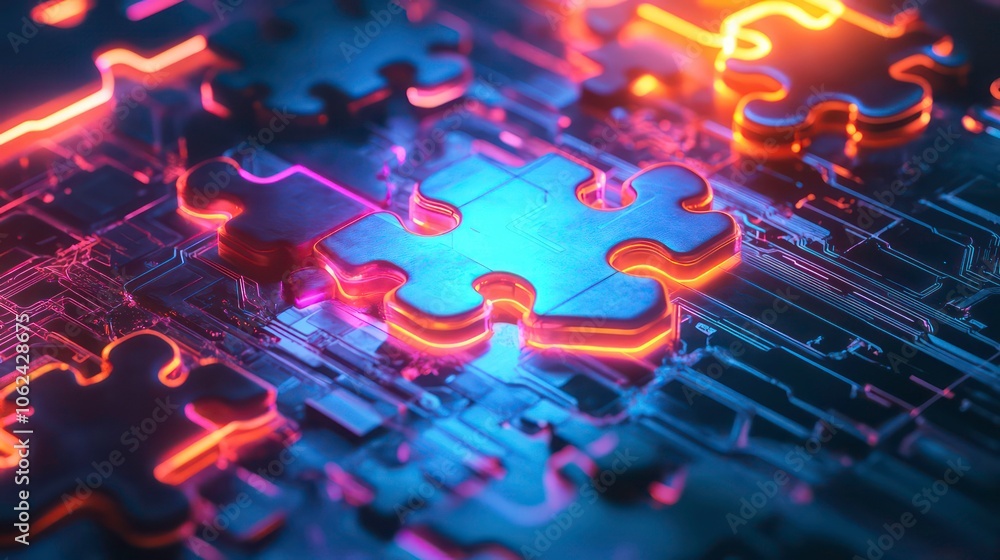Poster a digital puzzle piece design illuminated with vibrant colors on a circuit-like background.