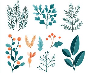 Fototapeta premium This set of festive winter botany elements is a flat, modern illustration. It contains a variety of branches, flowers, berries, and wreaths. It is designed as part of a Christmas decoration