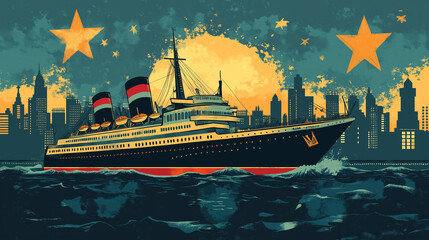 Poster with symbols of Jewish immigration, such as a ship and landmarks, Aliyah Day School Observance, poster,