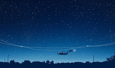 White houses, fir trees on dark blue background. Seamless border. A fairytale winter landscape with Santa Claus riding a deer with plume across the sky. Modern illustration.