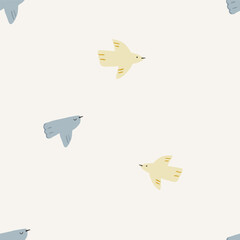 Cute pattern background with hand drawn birds. Vector childish pattern. Trendy print for textiles, wallpaper and packaging. Perfect for holiday decorations.