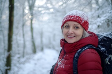 Sculpture of mature senior woman hiking in winter snowy forest, concept of active vacations in the outdoors with white snow landscape.