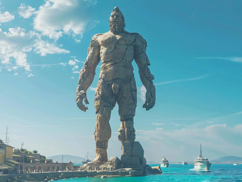 Colossus of Rhodes (Greece) &ndash; The gigantic statue standing proudly at the harbor entrance, with ships and a bright blue sea in the background, cinematic style, Compositing Core, 8k, detailed,