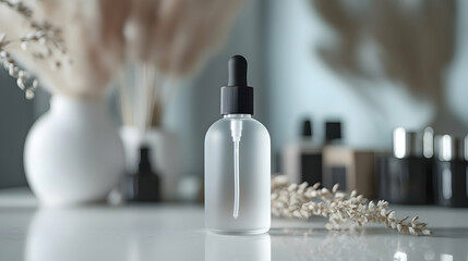 A small frosted glass spray bottle placed on a white countertop with blurred skincare accessories in the background, creating a clean and modern aesthetic.