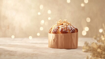 Classic Panettone in brown paper wrap, on a pale cream background with subtle holiday lights and decor