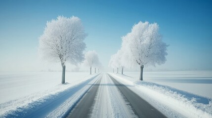 In a winter wonderland, snow-covered trees and a light dusting of snow coat the ground