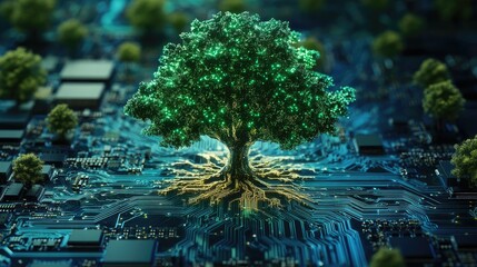 A glowing green tree grows from a circuit board, symbolizing the interconnectedness of nature and technology.