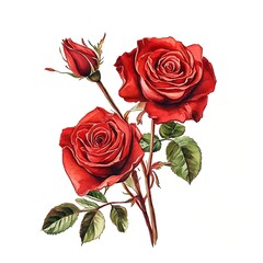  red roses illustration white background  watercolor drawing