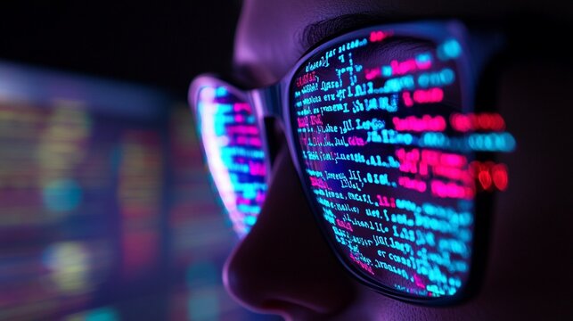 Reflection of colorful programming code in eyeglasses lens, symbolizing modern software development and digital technology innovation. - Powered by Adobe
