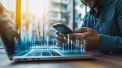 Obraz premium Business person evaluates metrics for charts and graphs with statistics to innovative analyze business potential and forecast future development of companies growth., setting goals for expansion.