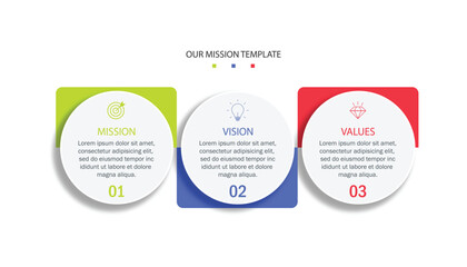 Mission, vision, values, graphic design template.eps 10 on white background, Can be used for presentation workflow layout, banner, process, diagram, flowchart, infographic, annual report.