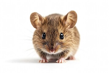 Small brown wood mouse posing on a seamless white background, looking towards the viewer, its fur, nose, whiskers and paws clearly visible