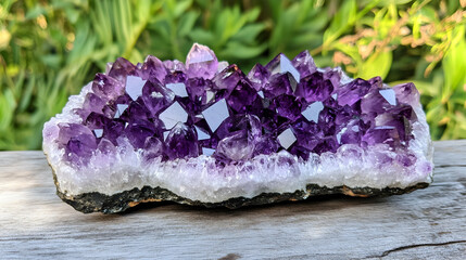 Obraz premium A cluster of dark purple amethyst crystals on a white and gray surface. 