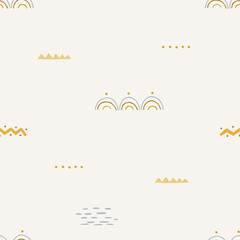 Cute seamless pattern background with hand drawn rainbows, and bohemian elements. Vector childish pattern.Nursery Boho print for textiles, wallpaper and packaging.Perfect for holiday decorations.
